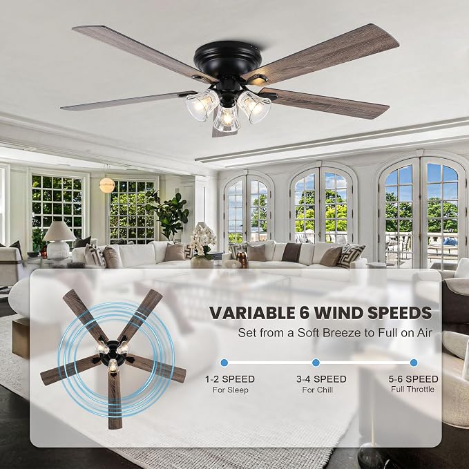 Dawn Whisper 60 Inch Farmhouse Flush Mount Ceiling Fans with 3 Lights Bulbs Base Vintage Low Profile Ceiling Fan for Living Room Bedroom