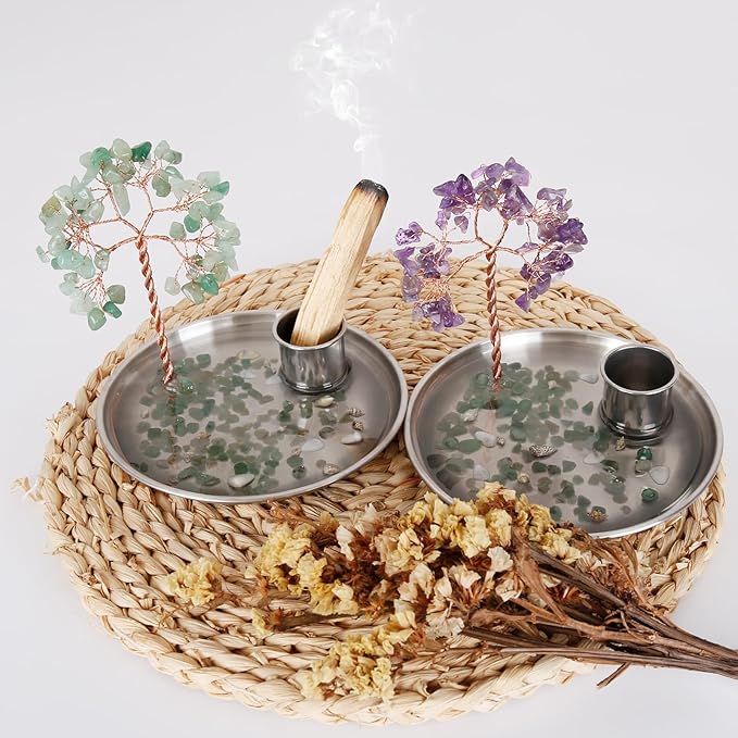 Incense Holder for Sticks, Anti-Ash Flying Incense Burner with Gemstone Money Tree Home Living Room Decorations Office Accessories for Women, Mothers Day Mom Gifts (Green Tree -14cm)