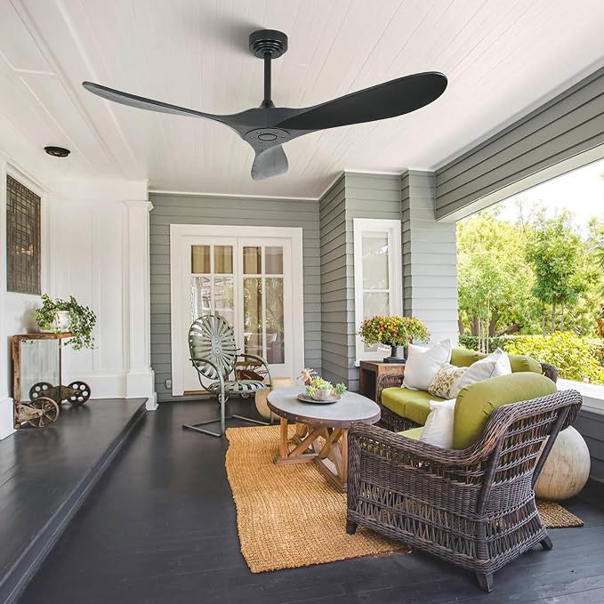 Smart Ceiling Fan no Light, 52 Inch Outdoor Ceiling Fan Without Light, Compatible with Alexa/Google/App, 3 Solid Wood Blades, Modern Wood Fan for Patio, Bedroom, Living Room, Black