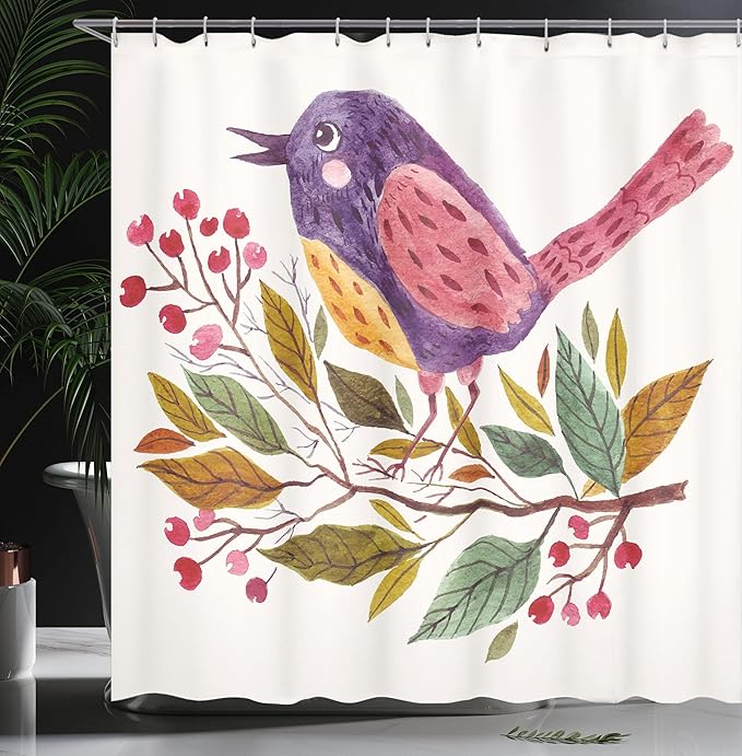 Ambesonne Leaf Shower Curtain, Watercolor Styled Effect a Bird Sitting on a Branch with Leaves Print, Cloth Fabric Bathroom Decor Set with Hooks, 69" W x 75" L, Apple Green