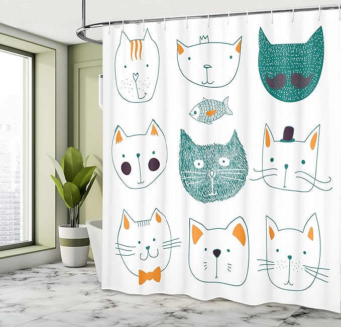 Ambesonne Cat Shower Curtain, Pets Moustache Bow Tie Hat Crown Fluffy and Fish Humor Faces Graphic, Cloth Fabric Bathroom Decor Set with Hooks, 69" W x 70" L, Teal Apricot