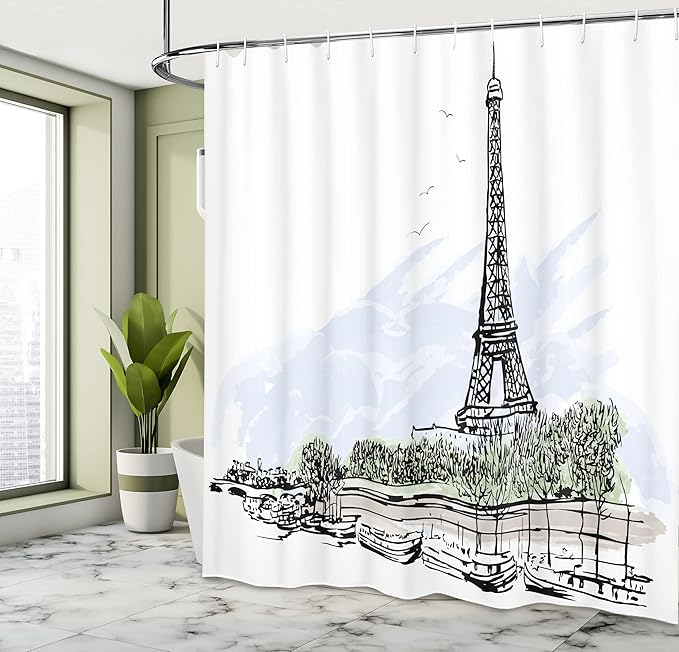 Ambesonne Paris Shower Curtain, Architecture Theme Illustration of Eiffel Tower Birds and Trees Pattern Print, Cloth Fabric Bathroom Decor Set with Hooks, 69" W x 70" L, White and Black
