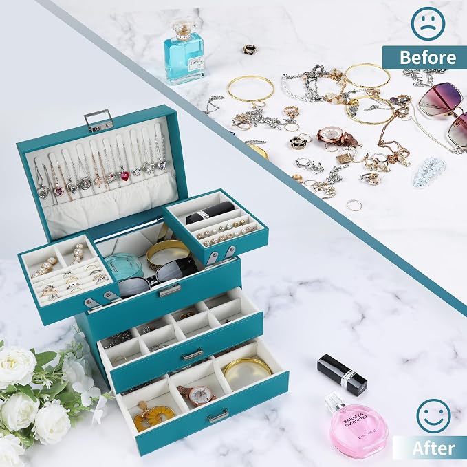 Dajasan Jewelry Organizer Box, Large Jewelry Boxes for Girls, Space-Saving 4 Layers Jewelry Storage Case with Drawer, Gift for Women, PU Leather, Movable Metal Stand, Modern (Blue)