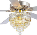 52" Silver Crystal Chandelier Ceiling Fans with Lights and Remote Control | Classical Design,6 Reversible Speeds,30W Quiet DC Motor,5 Wooden Blades,2*E12 LED Bulbs Included,for Living Room Bedroom