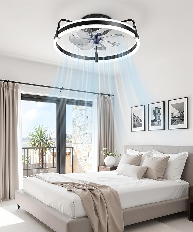 Ceiling Fan with Lights, 20'' Low Profile Ceiling Fans, 3000-6500K Dimmable Fandelier LED Fan Light, Black Modern Flush Mount Ceiling Fan, 6 Speeds Reversible DC Motor Noiseless for Bedroom, Kids Room