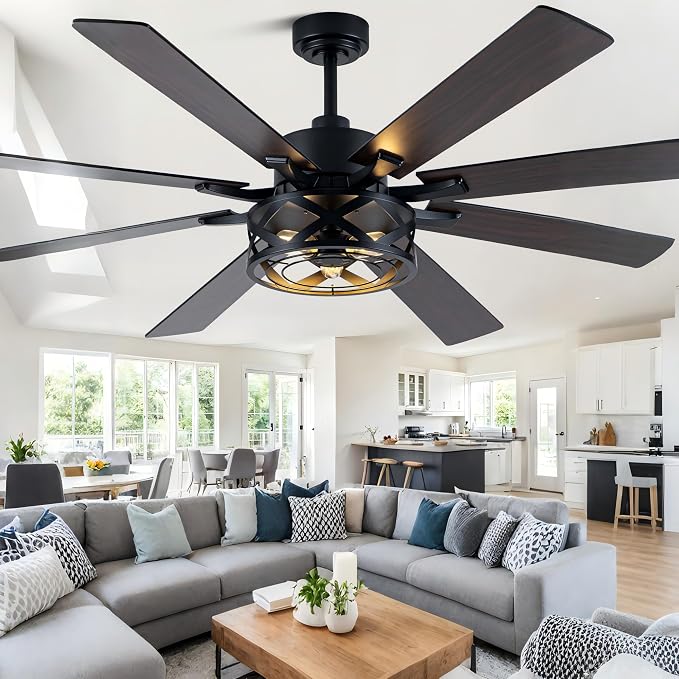72" Farmhouse Ceiling Fan with Lights and Remote Rustic Fandelier | Black Caged Fandalier Ceiling Fan, Industrial Chandelier for Living Room Large Bedroom, Quiet DC Motor 8 Reversible Blades