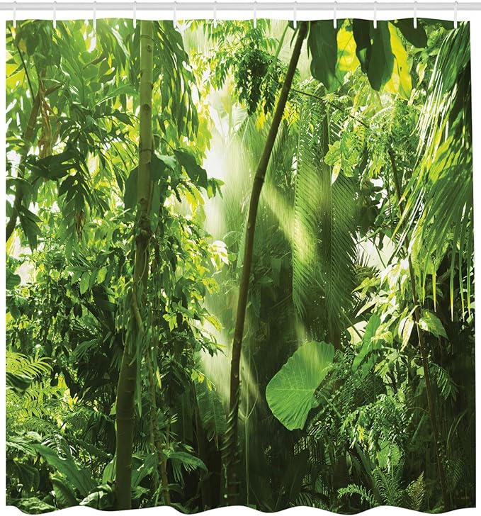 Ambesonne Forest Shower Curtain, Summer Tropical Monsoon Jungle with Exotic Tree Types and Big Leaves Scene, Cloth Fabric Bathroom Decor Set with Hooks, 69" W x 70" L, Yellow and Green