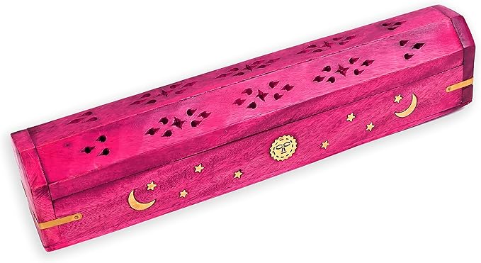 Incense Garden Pack of 2 Incense Stick Holder - Coffin Style - Wood Incense Stick Burner with Sun Moon Star Handmade with Brass Inlays (Pink)