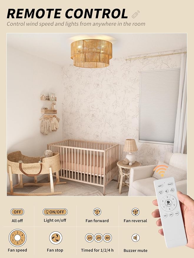 SYDACG Flush Mount Ceiling Fan with Lights Low Profile, 20" Rattan Boho Ceiling Fan with Light Remote Control, Bladeless Caged with 6 Speeds for Bedroom, Living Room, Nursery