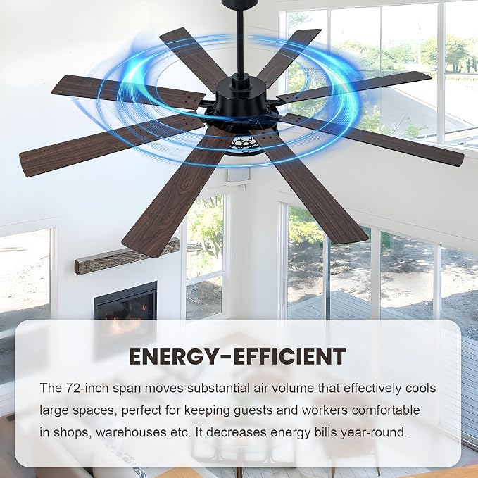 Dawn Whisper 72 Inch Ceiling Fans with Lights Black Farmhouse Ceiling Fan with Remote Quiet Reversible DC Motor 6 Speeds 8 Blades