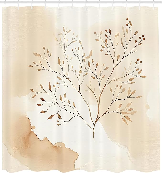 Ambesonne Tan Shower Curtain, Earthy Tones of Autumnal Melancholy Themed Leaves on Branches Aquarelle Dream, Cloth Fabric Bathroom Decor Set with Hooks, 69" W x 70" L, Champagne White Ecru
