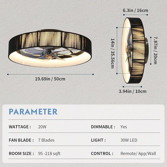 19.6'' Farmhouse Dimmable Ceiling Fan with Lights and Remote Control,Flush Mount Boho Ceiling Fan with Light,chandelier with fabric shades,LED Light 3 Color Temperatures 6-Speed Timer for Bedroom