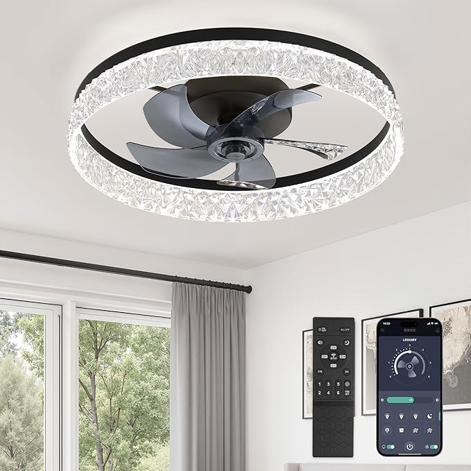 LEDIARY 22 Inch Ceiling Fans with Lights and Remote, Fandelier Low Profile Ceiling Fan, 3000K-6000K Dimmable Flush Mount LED Fan Light, Black Modern Ceiling Fans with Lights for Bedroom