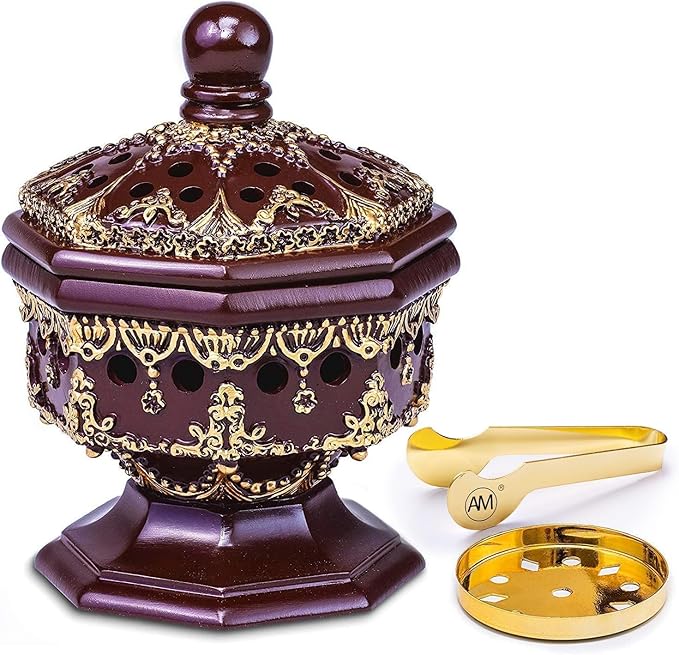 AM Lux Octagon Incense Burner – Bakhoor & Cone Holder | Charcoal Resin Burner for Frankincense, Myrrh & Aromatherapy | Decorative Mabkhara for Home, Office & Meditation Room Decor (Octagon Brown)