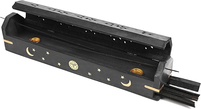 Incense Garden Pack of 2 Incense Stick Holder - Coffin Style - Wood Incense Stick Burner with Sun Moon Star Inlays Handmade with Brass Inlays (Black)