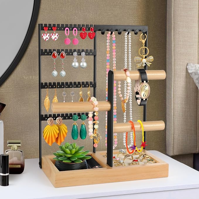 Godboat Jewelry Stand - 48 Holes Earring Holder, 4-Tier Necklace Organizer | 6 Hooks Jewelry Organizers and Storage, Bracelet Ring Rack with Wood Box, Preppy Gift Room Decor for Teen Girls Women, Black