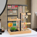Godboat Jewelry Stand - 48 Holes Earring Holder, 4-Tier Necklace Organizer | 6 Hooks Jewelry Organizers and Storage, Bracelet Ring Rack with Wood Box, Preppy Gift Room Decor for Teen Girls Women, Black