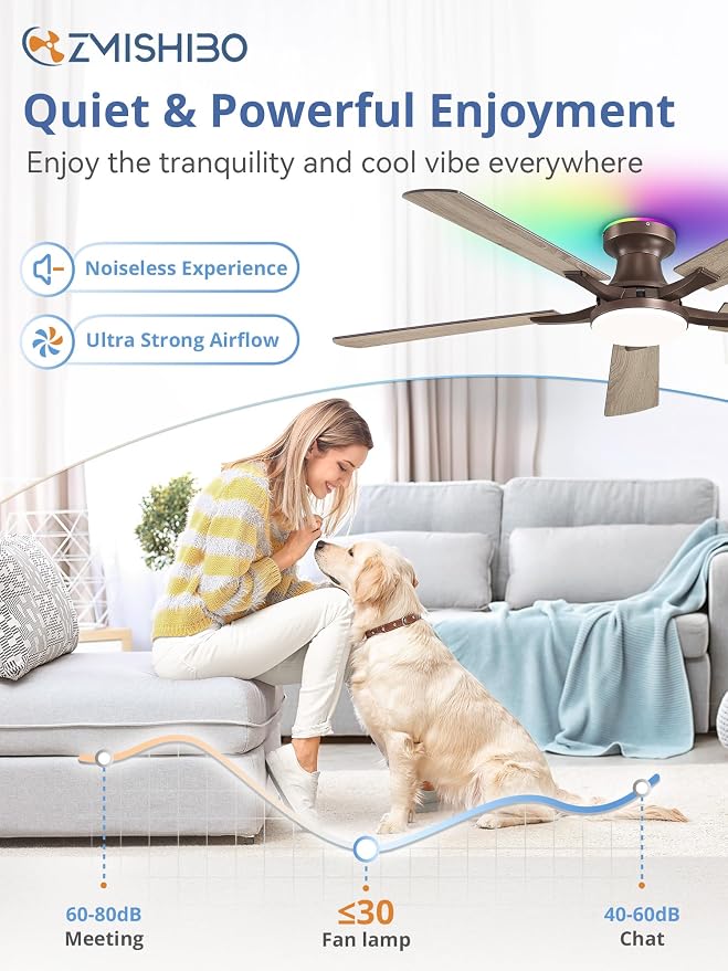 ZMISHIBO 52 Inch Ceiling Fan with RGB Lights, Low Profile Flush Mount with Alexa/App/Remote, Dimmable 20W LED Light, Brown Farmhouse for Living Room, Bedroom, Game Room