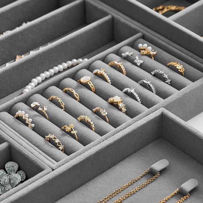 Velvet Jewelry Drawer Organizer Trays – Large Grey Stackable Jewelry Storage Inserts Set, 4-Layer Jewelry Tray Set for Earrings, Rings, Necklaces, Bracelets with Removable Dividers for Dresser, Vanity