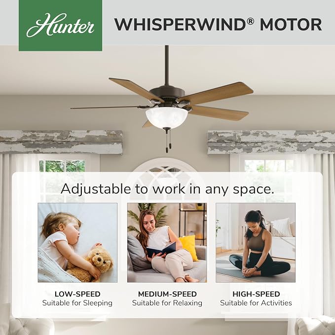 Hunter Swanson, Indoor, Ceiling Fan, with LED Light, 52 inch, New Bronze | Standard Mount, Pull Chain, 5 Blades, For Bedroom, Living Room, Kitchen, 50901
