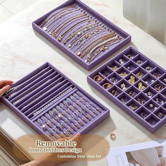Large Velvet Jewelry Tray 2 Pack Stackable Jewelry Display Drawer Inserts Trays Organizer for Earring Bracelet Necklace Ring (Purple, Ring and 9 Grids)