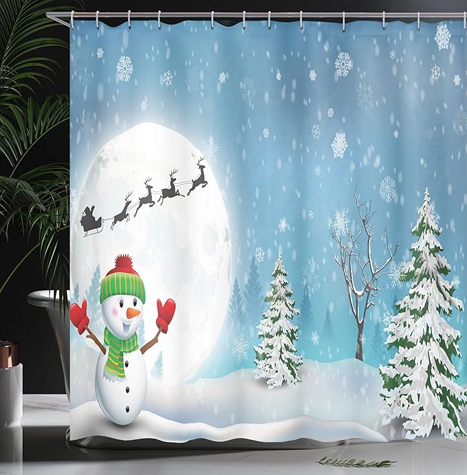 Ambesonne Christmas Shower Curtain, Jolly Snowman Under Full Moon Waving to Santa Claus with Reindeer Sleigh, Cloth Fabric Bathroom Decor Set with Hooks, 69" W x 70" L, Blue and White