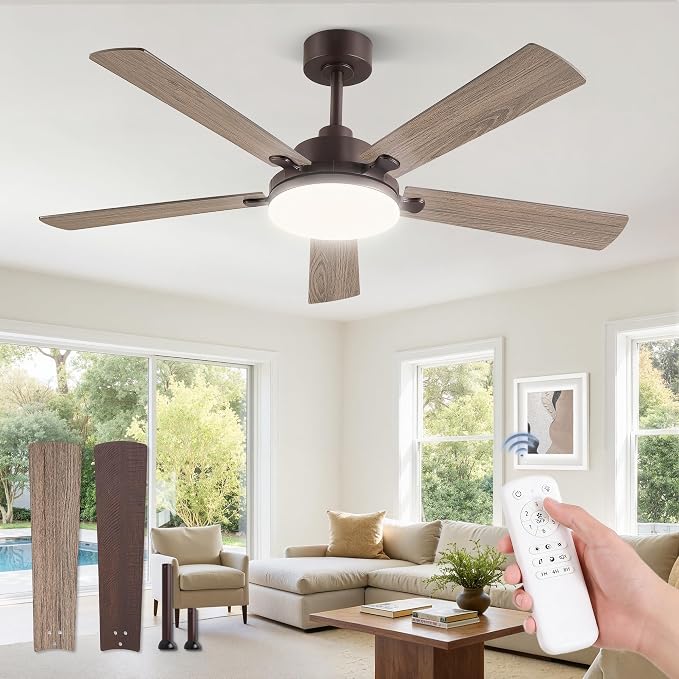 52 Inch Ceiling Fan with Remote, Indoor/Outdoor Brown Ceiling Fan with Large LED Panel, Quiet Reversible DC Motor, 6-Speed, 3000-6500K Stepless Dimming, Farmhouse Ceiling Fan for Bedroom, Living Room