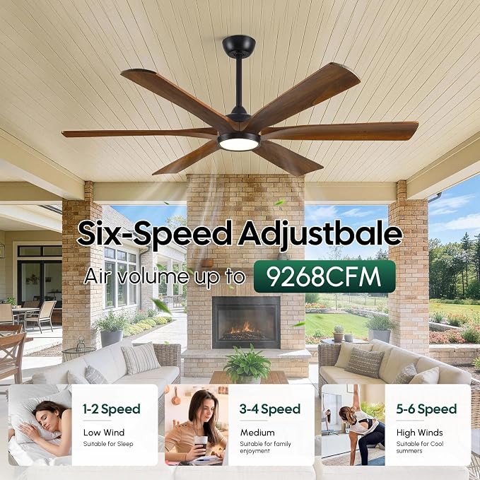 72 Inch Ceiling Fan with Lights and Remote, Modern Farmhouse Style, High CFM Quiet Energy Efficient DC Motor, 6 Solid Wood Blades, Damp Rated for Covered Outdoor Patio Porch & Indoor Large Living Room