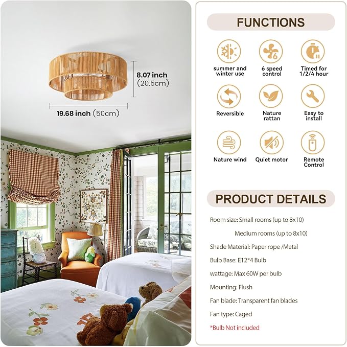 20 Inch Boho Caged Ceiling Fans with Lights Flush Mount, Boho Rattan Fandelier Ceiling Fan with Light Remote Control with Reversible 6 Speeds for Bedroom, Nursery, Living Room, E12 Base,Indoor