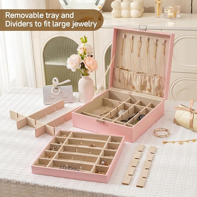 Frebeauty 50 Grid Earring Holder Organizer,2 Layer Jewelry Box for Women | Faux Leather,Velvet Lining,Adjustable Divider,Jewelry Organizer for Ring Necklace and Bracelet,for Home Use and Jewelry Store