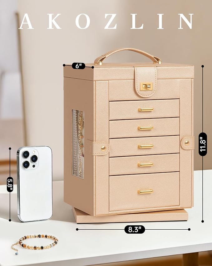 AKOZLIN 6-Tier Jewelry Box Organizer Functional 5 Drawers Leather Jewelry Storage Case for Women Girls Ring Necklace Earring Bracelet Holder Organizer with Mirror Champagne S-Medium