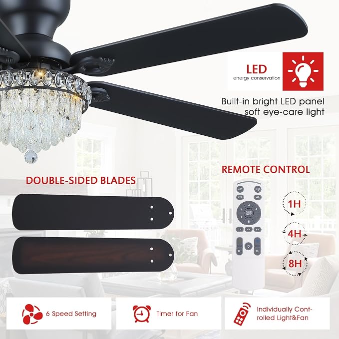 GJeg Crystal Ceiling Fan Fandelier with Lights-Ceiling Fans with Remote Control,Modern Ceiling Fan with Noiseless DC Reversible Motor,Dining Room,Living Room(52" Black)