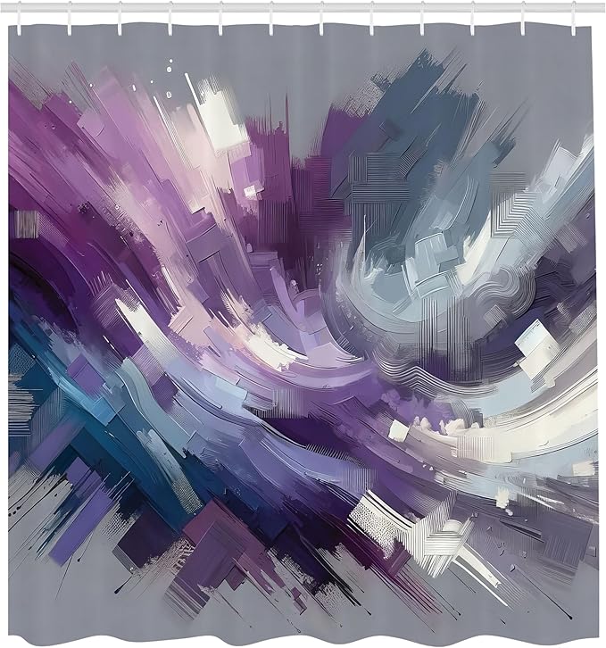 Ambesonne Purple Shower Curtain, Contemporary Art of Asymmetric Design Brushstrokes on Grey Back, Cloth Fabric Bathroom Decor Set with Hooks, 69" W x 84" L, Dark Indigo and Slate Blue