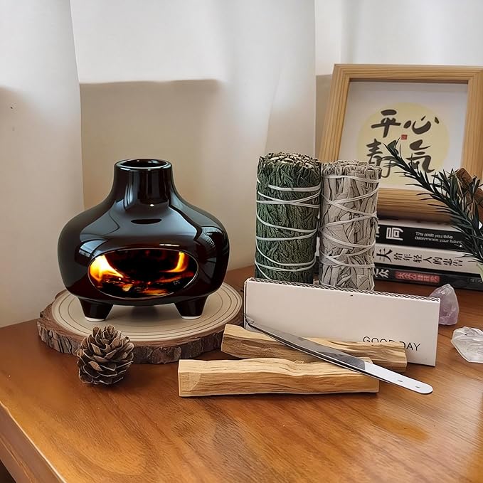 Palo Santo Holder,Ceramic Palo Santo Burner Incense Holder,Black Cone Incense Burner Mini Chiminea Wood Sticks,Ash Catcher,Aromatic Home Decor for Spiritual Rituals,Yoga,Meditation, 4*4*4INCH