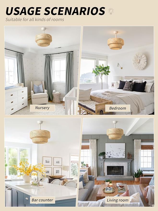SYDACG Boho Ceiling Fans with Lights, 20" Rattan Ceiling Fan with Light Remote Control, Caged Fandelier with 6 Speeds for Bedroom, Nursery, Living Room
