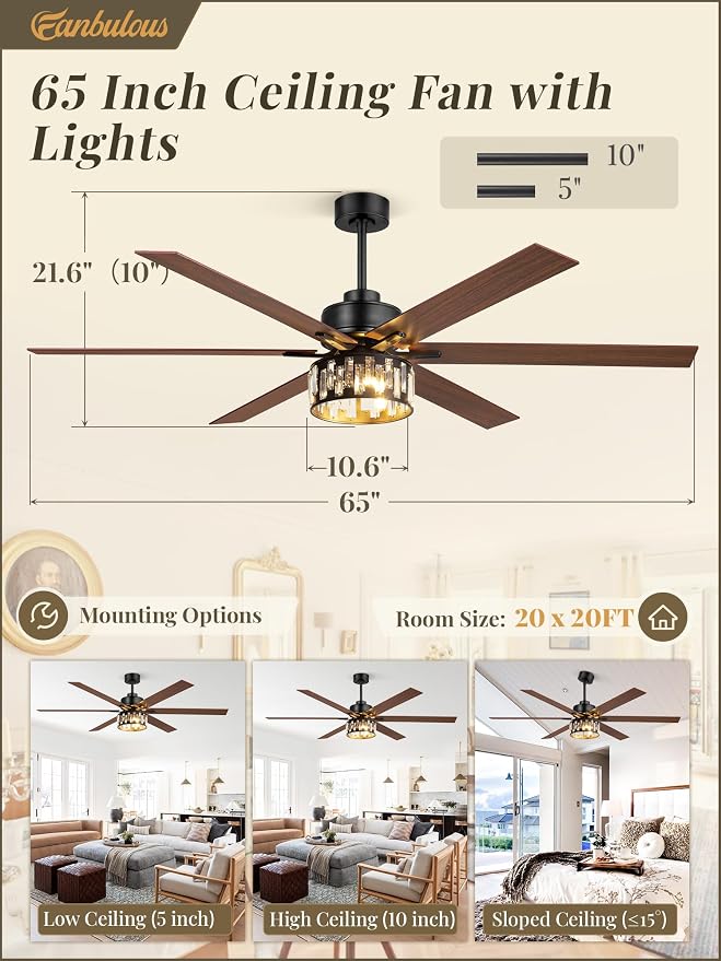 Fanbulous 65 Inch Farmhouse Crystal Ceiling Fan with Lights and Remote, Chandelier Ceiling Fan with Quiet Reversible DC Motor, Wood Blades - Ideal for Bedroom