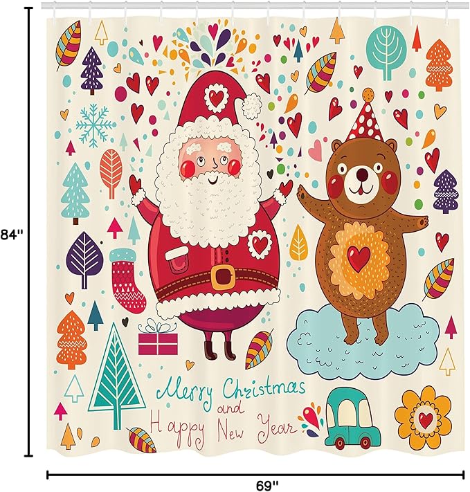 Ambesonne Christmas Shower Curtain, Santa and Teddy Bear Vintage Christmas Season Ornaments Party Theme, Cloth Fabric Bathroom Decor Set with Hooks, 69" W x 84" L, Red Blue
