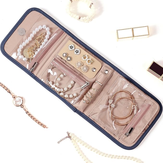BELALIFE Travel Jewelry Case Organizer, Small Foldable Storage Roll for Earrings, Necklaces, Rings, Bracelets, Brooches, Blue-Gray | Bag with foldable roll design for earrings, necklaces, rings, bracelets and brooches,Blue-Grey
