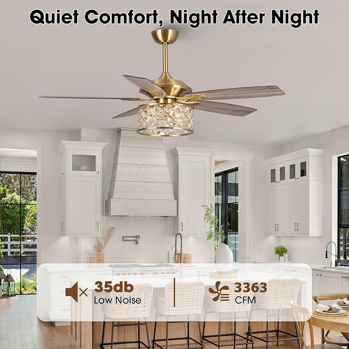 52" Modern Drum Crystal Ceiling Fan with Light, Luxury Brushed Gold Fandelier, Diamond Lattice Metal Cage, Quiet 3-Speed Motor, Elegant Chandelier Fan for Living Room Bedroom