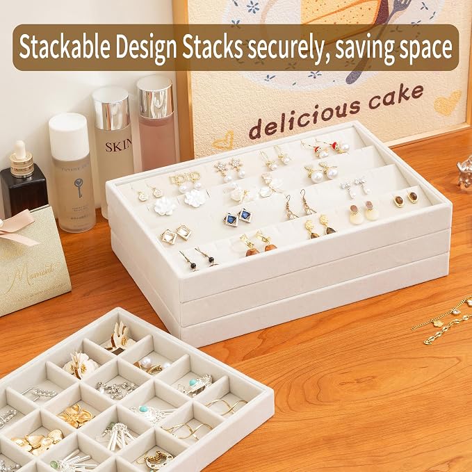 Frebeauty Jewelry Trays for Drawer,Set of 2 Jewelry Organizer and Storage | Velvet Material,Stackable,Adjustable Dividers,Drawer Inserts for Rings Studs Bracelet,Earring Organizer for Women Girls
