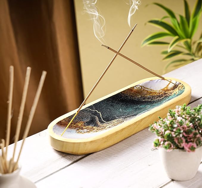 Bless-International Traditional-Handmade-Tray-Burner Wooden-Trat-Incense-Stick-Holder Ash-Catcher-Stand for-Aromatherapy-Meditation-Yoga (Green White Agate, 11x4x1.22 Inches)