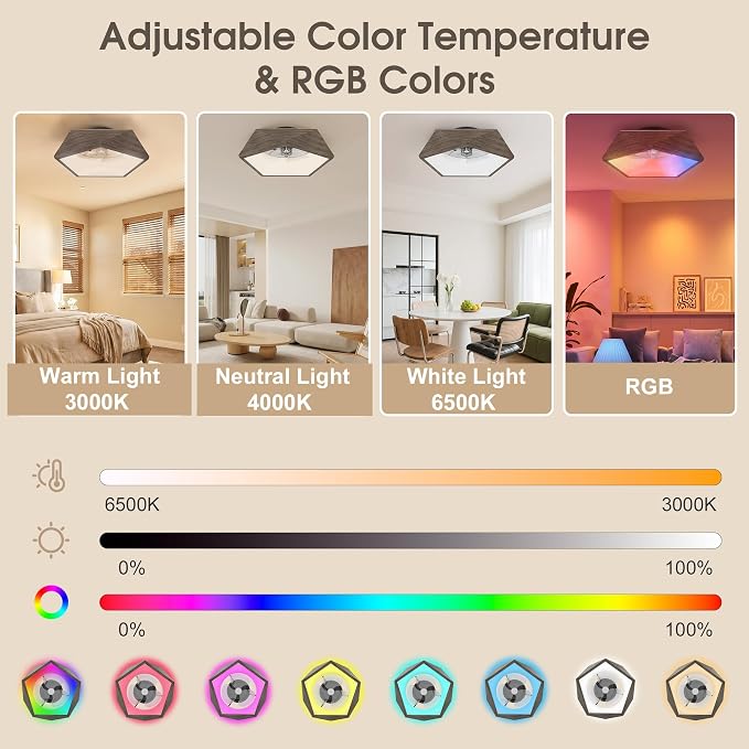 RGB Ceiling Fans with Lights and Remote, 22in Low Profile Ceiling Fans with Lights Flush Mount, 3000K-6500K Dimmable Fandelier LED Fan Light, Walnut Wood Bladeless Ceiling Fans for Bedroom