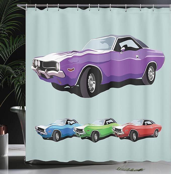 Ambesonne Manly Shower Curtain, American Muscle Car History Auto Sport Roadster Competition Generation, Cloth Fabric Bathroom Decor Set with Hooks, 69" W x 70" L, Purple Green Blue