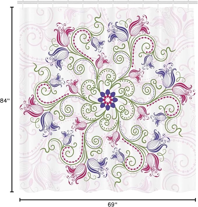 Ambesonne Mandala Shower Curtain, Round Flower Frame Design Classical Vintage Floral Art with Ottoman Tulips, Cloth Fabric Bathroom Decor Set with Hooks, 69" W x 84" L, Purple Green