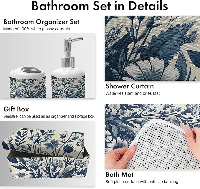 Ambesonne Navy Blue Bathroom Decor Set 4 Pcs Including Shower Curtain with Hooks Bath Mat Soap Dispenser Toothbrush Holder in Box Essentials & Accessories, Boho Daisy Art, Dark Slate Blue Coconut