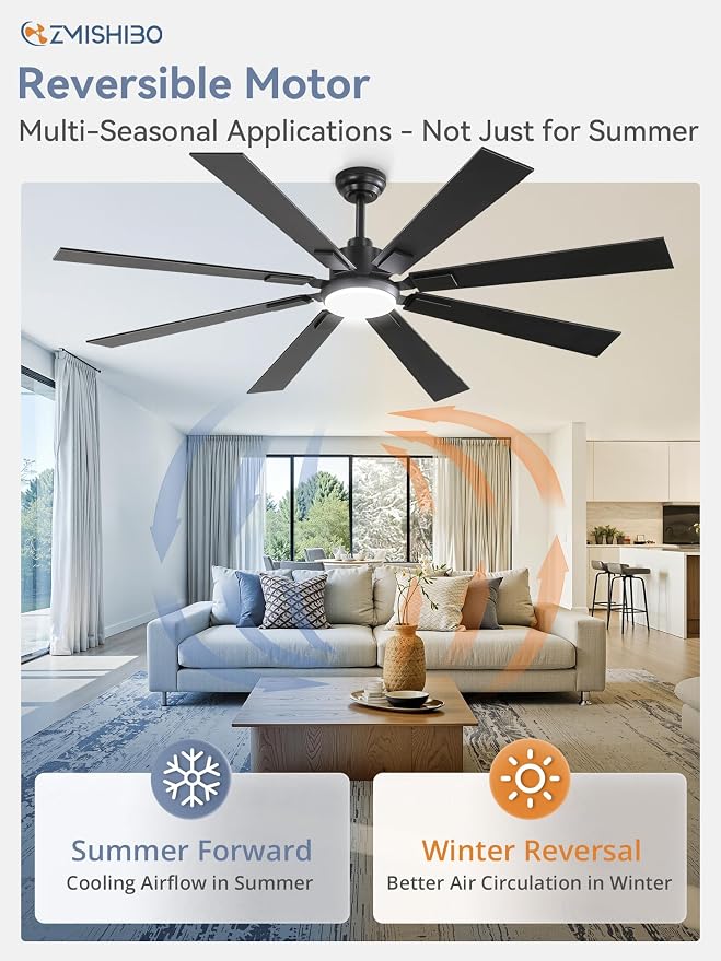 ZMISHIBO 65" Black Ceiling Fan with Dimmable 3000-6000K Light and Remote | 65 Inch Large Ceiling Fan, Quiet Reversible DC Motor, 6 Speeds, 8-Blades, Great for Living Room, Bedroom, Covered Patio