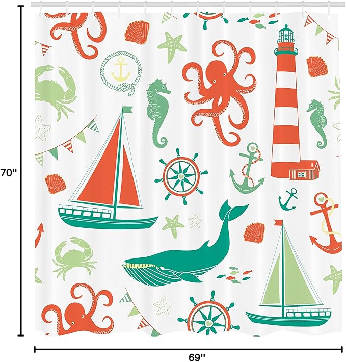 Ambesonne Nautical Shower Curtain, Pastel Colored Composition of Lighthouse Sailboat Fish Shells Octopus, Cloth Fabric Bathroom Decor Set with Hooks, 69" W x 70" L, Vermilion Teal