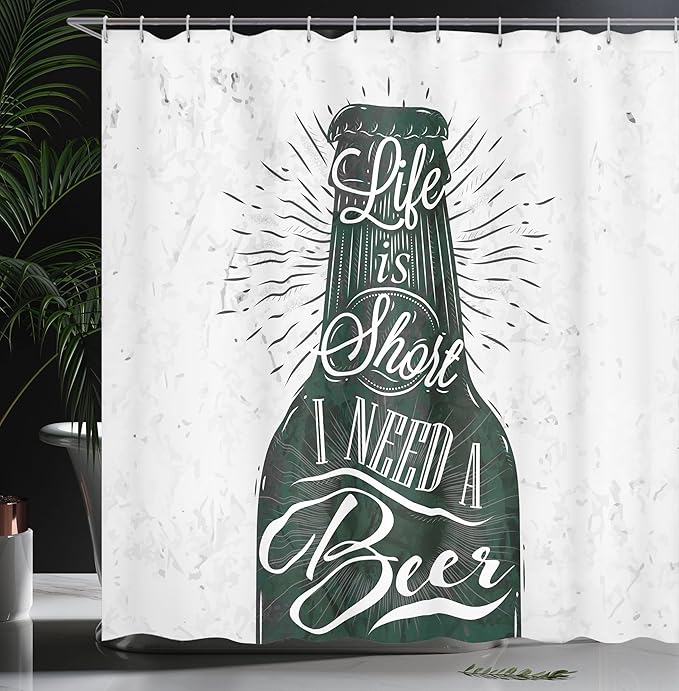 Ambesonne Manly Shower Curtain, Retro Lettering of Life is Short I Need a Beer Calligraphy Print Vintage Stripes, Cloth Fabric Bathroom Decor Set with Hooks, 69" W x 84" L, White Black