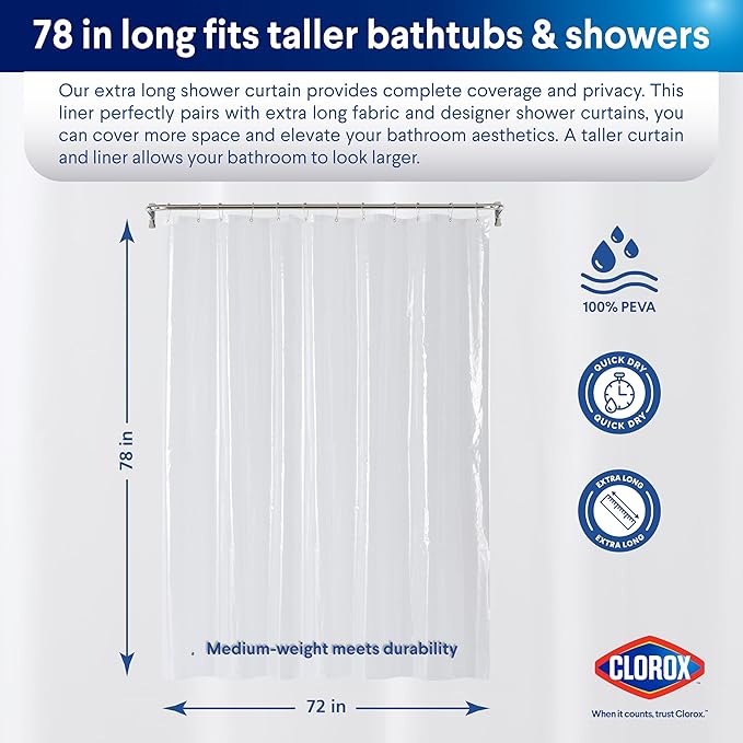 Clorox Shower Curtain Liner, Premium Medium-Weight Durable Waterproof 6g PEVA for Bathroom with Weighted Magnets, Extra Long 72" x 78", Clear 1 Pack