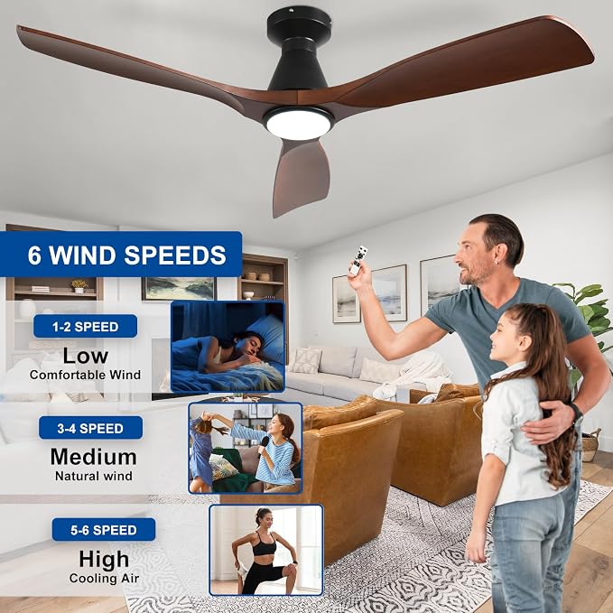Depuley 52-Inch Ceiling Fans with Lights: Walnut 3 Blade Flush Mount Low Profile Ceiling Fan for Bedroom - Dimmable Indoor Outdoor Fan with Remote Control Ultra Quiet DC Motor Timer